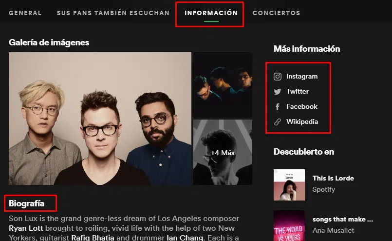 Pestaña de información de un perfil de Spotify con galería, biografía y redes