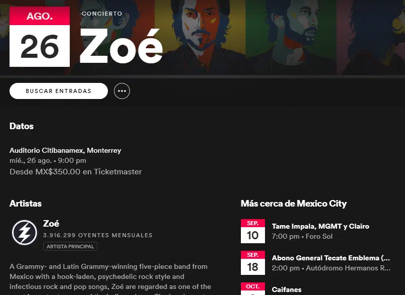 Concierto de Zoé anunciado en Spotify con fecha, lugar y entradas