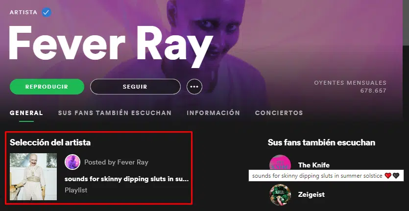 Perfil de Fever Ray en Spotify con la selección del artista resaltada
