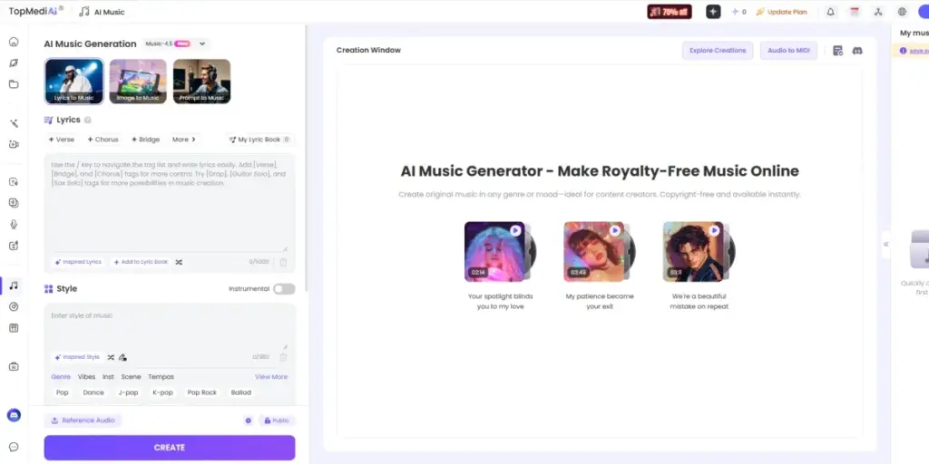 TopMedia AI Music, herramienta de IA para crear música y pistas por estilos